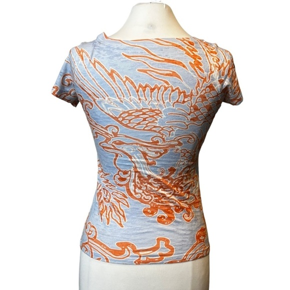 BEFORE & Again Boho Asian Print Burnout V-Neck Tee Shirt Lavender Haze & Brick - Picture 2 of 4